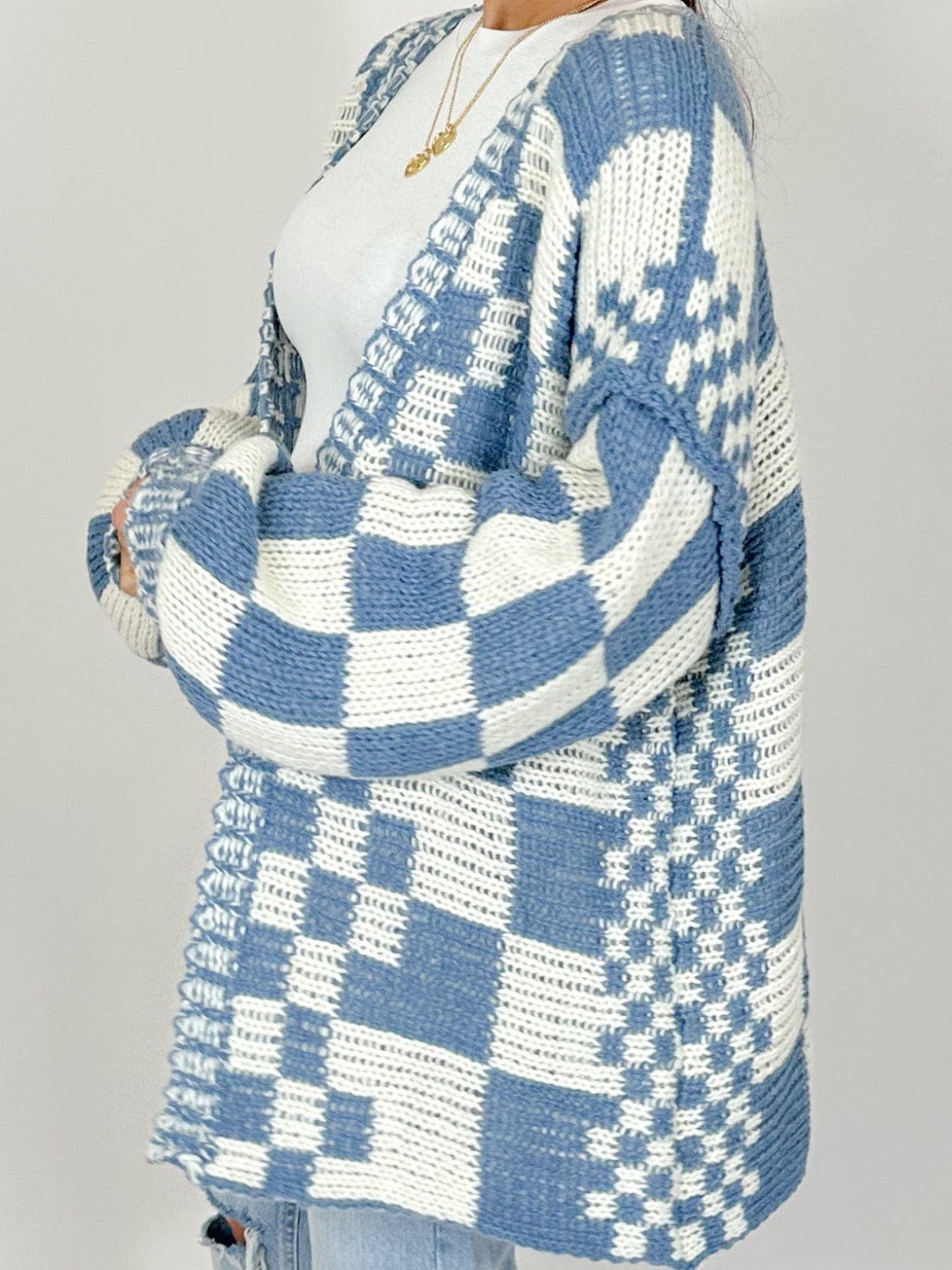 Checkered Open Front Long Sleeve Cardigan - Trendsi