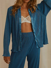 Collared Neck Long Sleeve Top and Pants Lounge Set - Trendsi