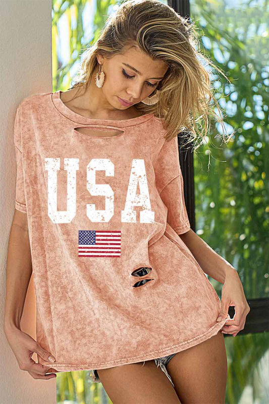 BiBi Washed American Flag Graphic Distressed T-Shirt - Flyclothing LLC