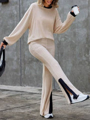 Contrast Round Neck Long Sleeve Top and Bootcut Pants Set - Trendsi