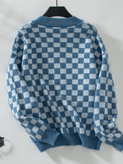 Checkered V-Neck Dropped Shoulder Sweater - Trendsi