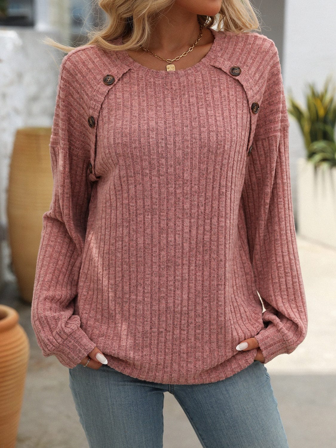 Decor Button Long Sleeve Ribbed T-Shirt - Trendsi