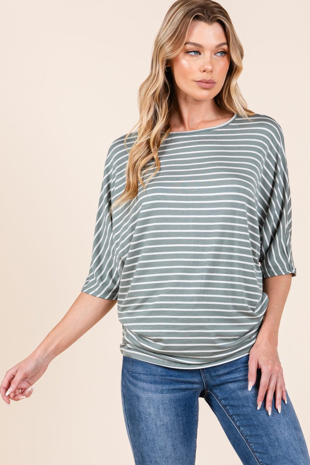 BOMBOM Striped Boat Neck Dolman Sleeve Top - Trendsi