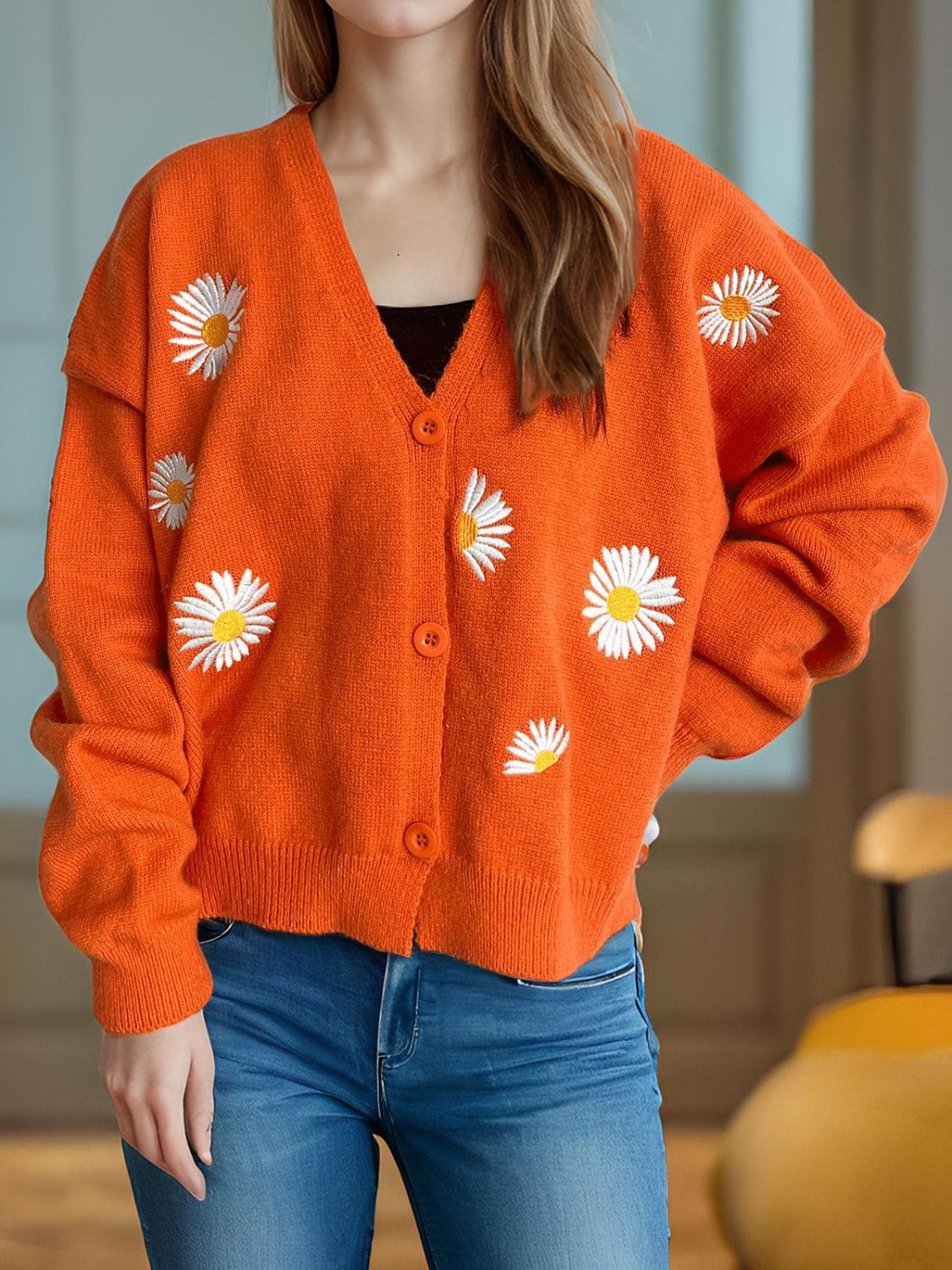 Daisy Button Up V-Neck Cardigan - Trendsi