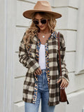 Leopard Trim Plaid Collared Neck Long Sleeve Shirt - Trendsi