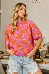 BiBi Checkered Short Sleeve Sequin Sweater - Trendsi