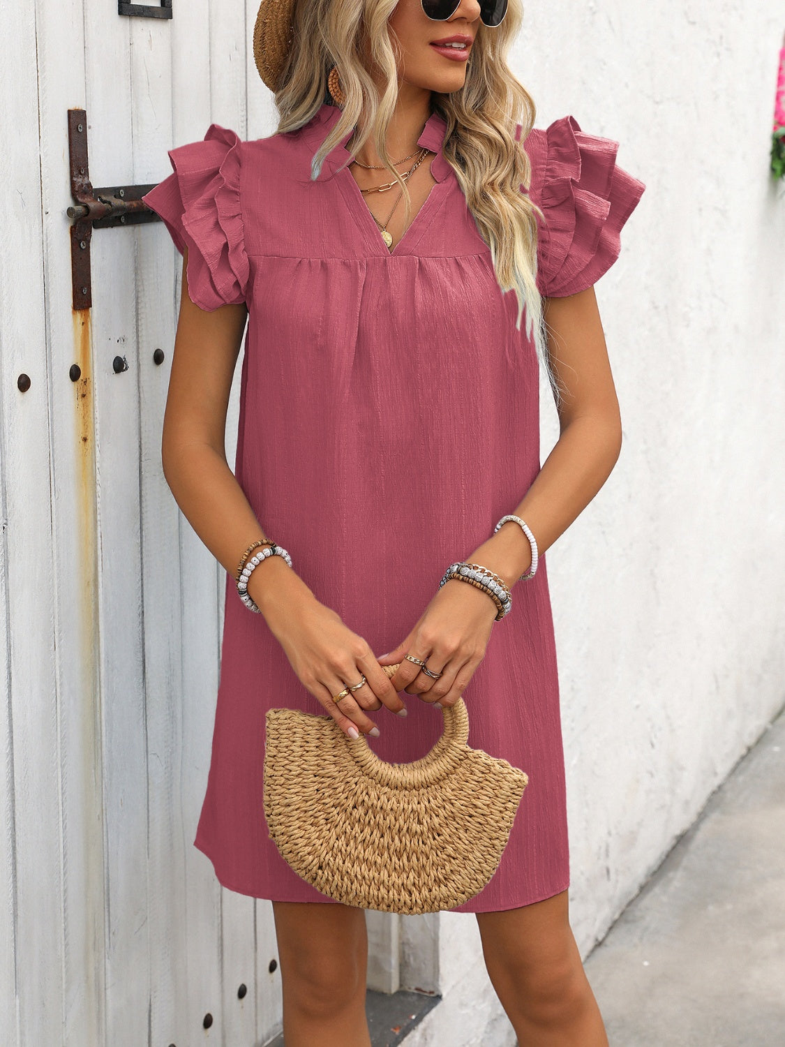 Ruffled Notched Cap Sleeve Mini Dress Trendsi