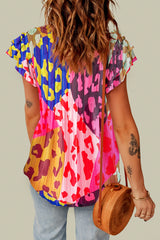 Ruffled Printed Tie Neck Cap Sleeve Blouse Trendsi