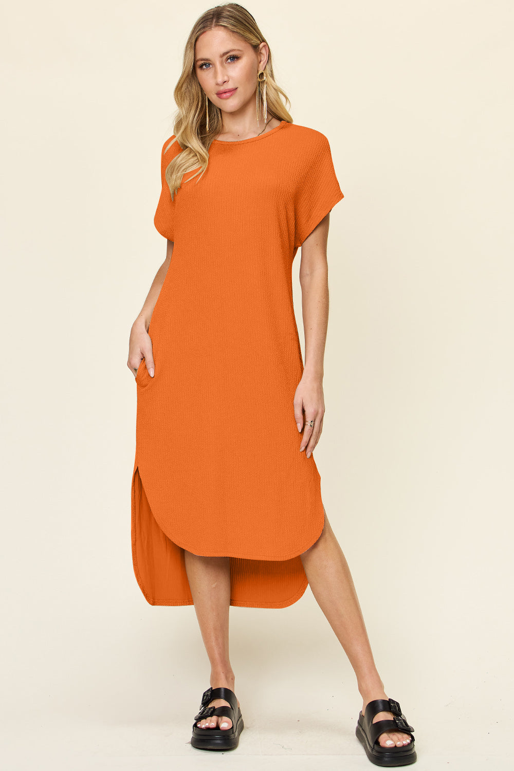 Double Take Full Size Round Neck Short Sleeve Slit Dress - Flyclothing LLC