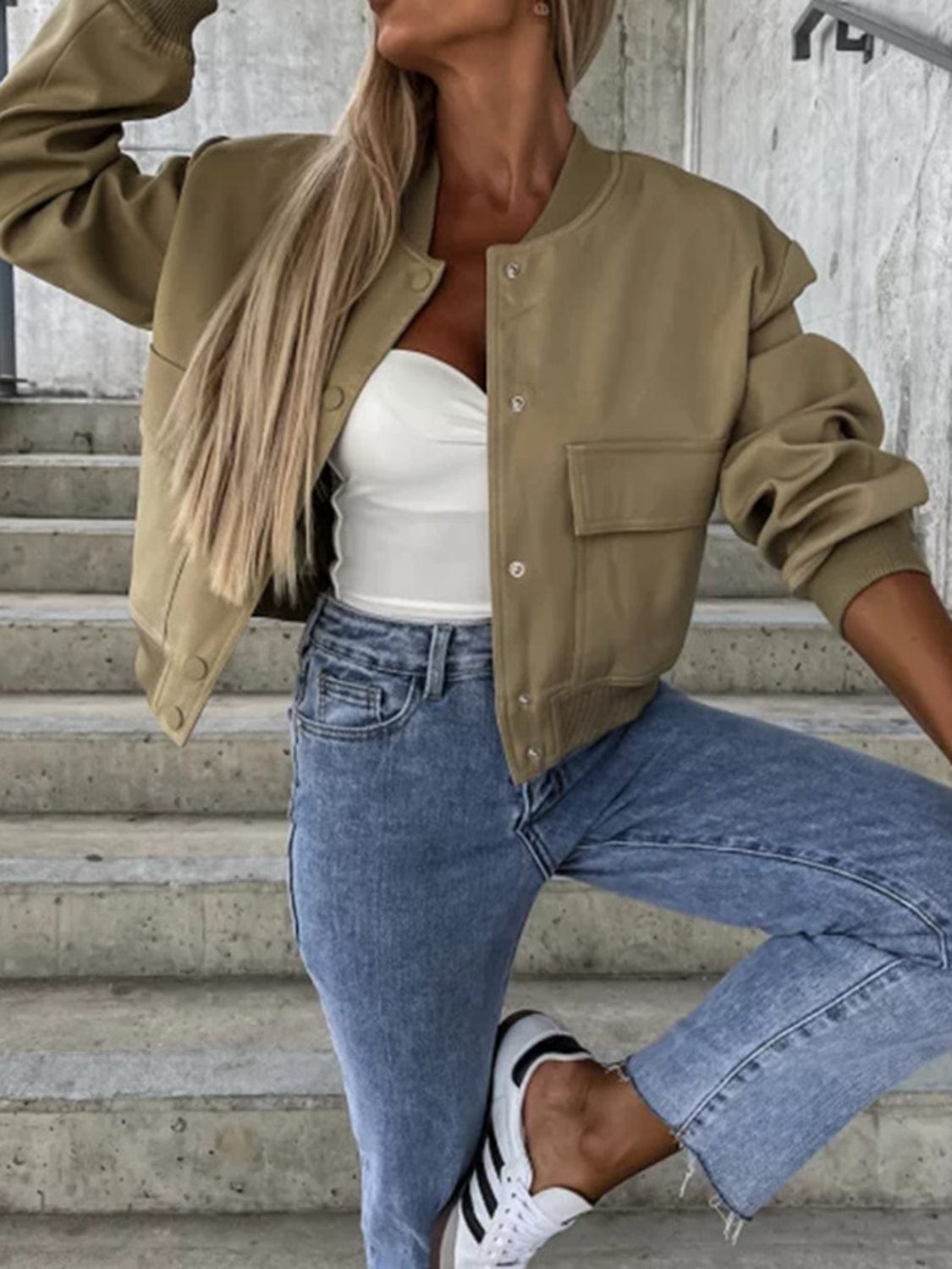 Baseball Collar Dropped Shoulder Jacket - Trendsi