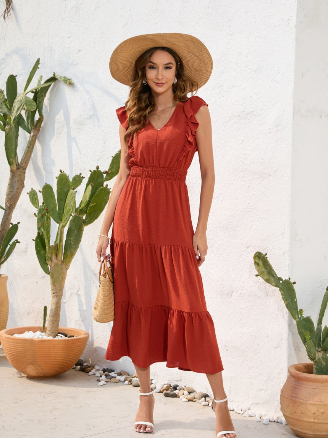 Tiered Ruffled V-Neck Cap Sleeve Dress - Flyclothing LLC