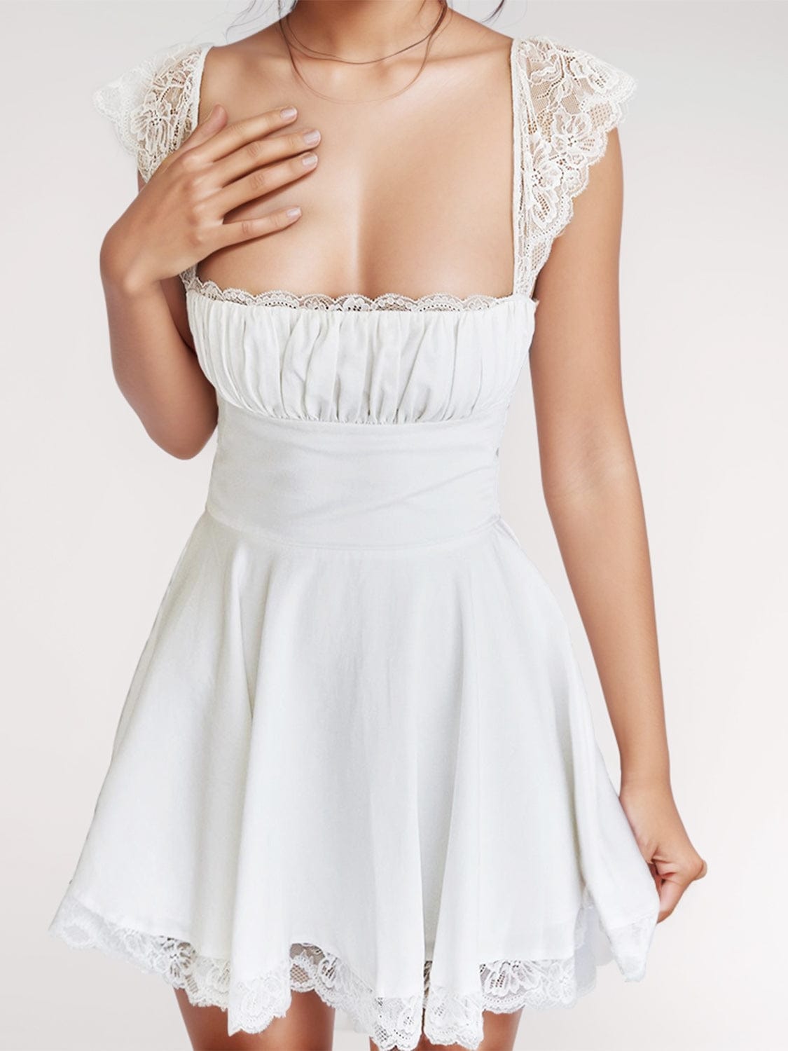 Lace Detail Square Neck Cap Sleeve Mini Dress - Trendsi