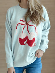 Cherry Round Neck Long Sleeve Sweater - Trendsi