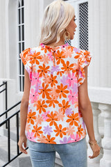 Printed Round Neck Cap Sleeve Blouse Trendsi