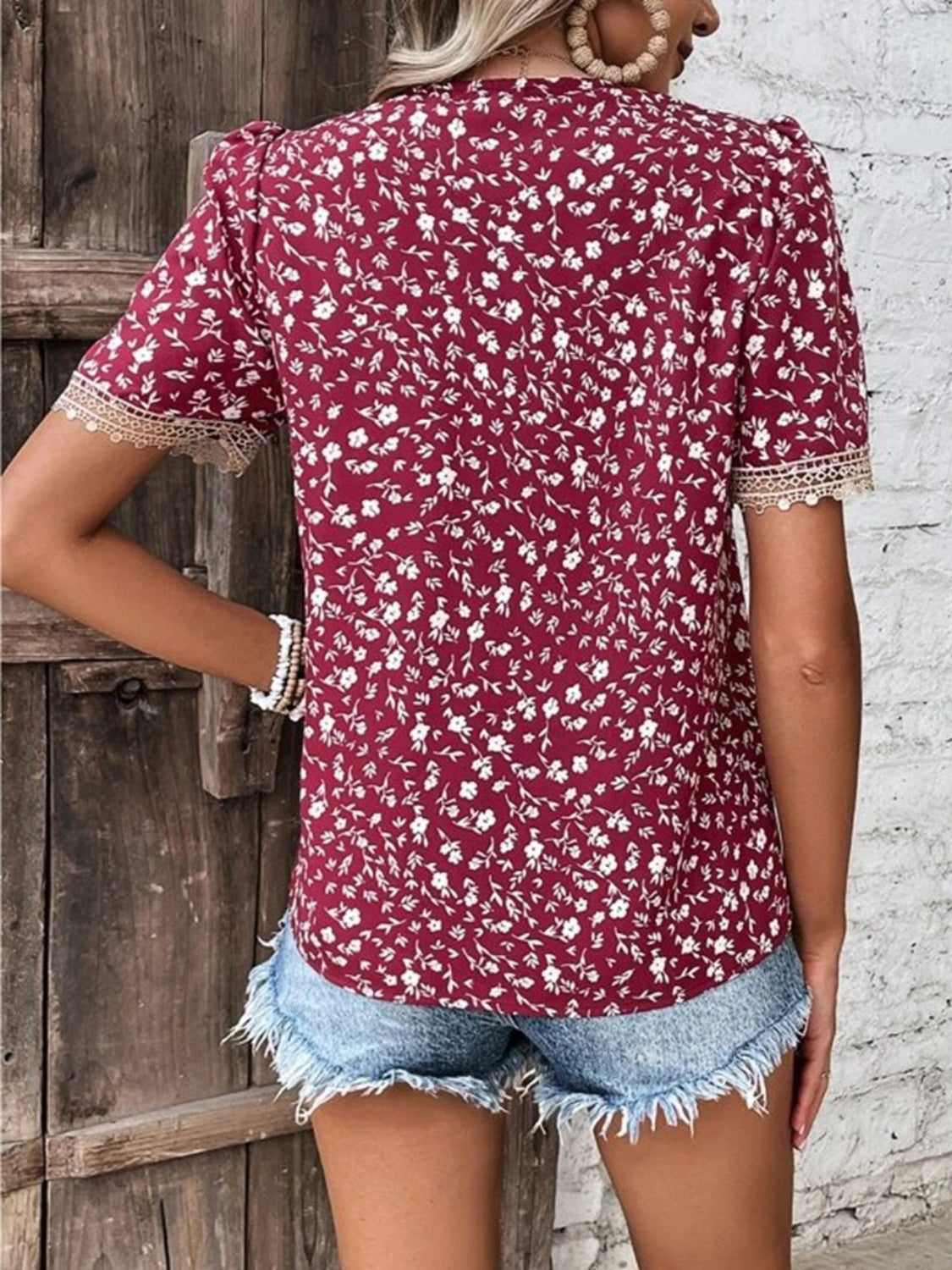 Full Size Printed V-Neck Short Sleeve Blouse - Flyclothing LLC