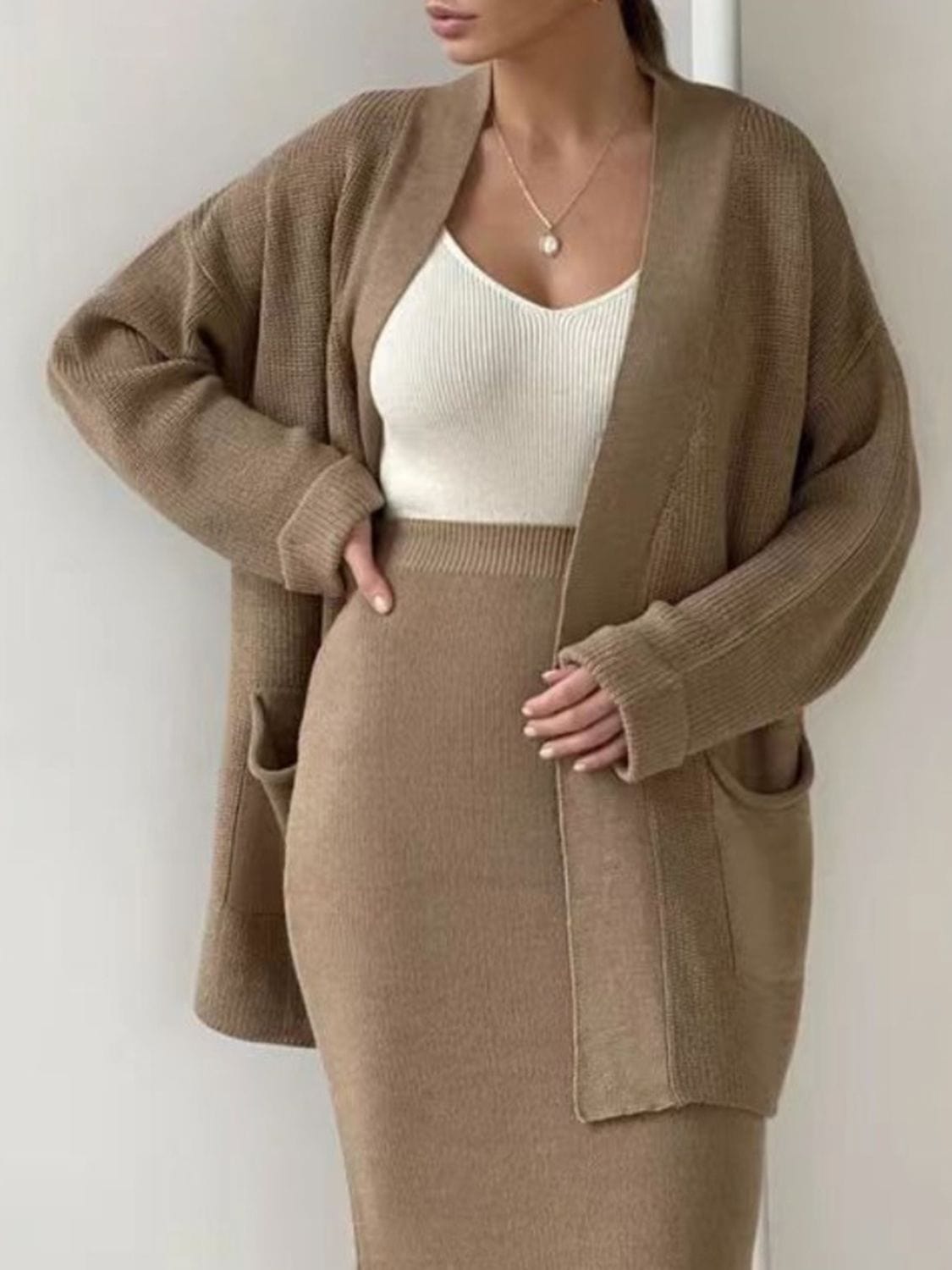 Pocketed Long Sleeve Cardigan and Skirt Sweater Set - Trendsi