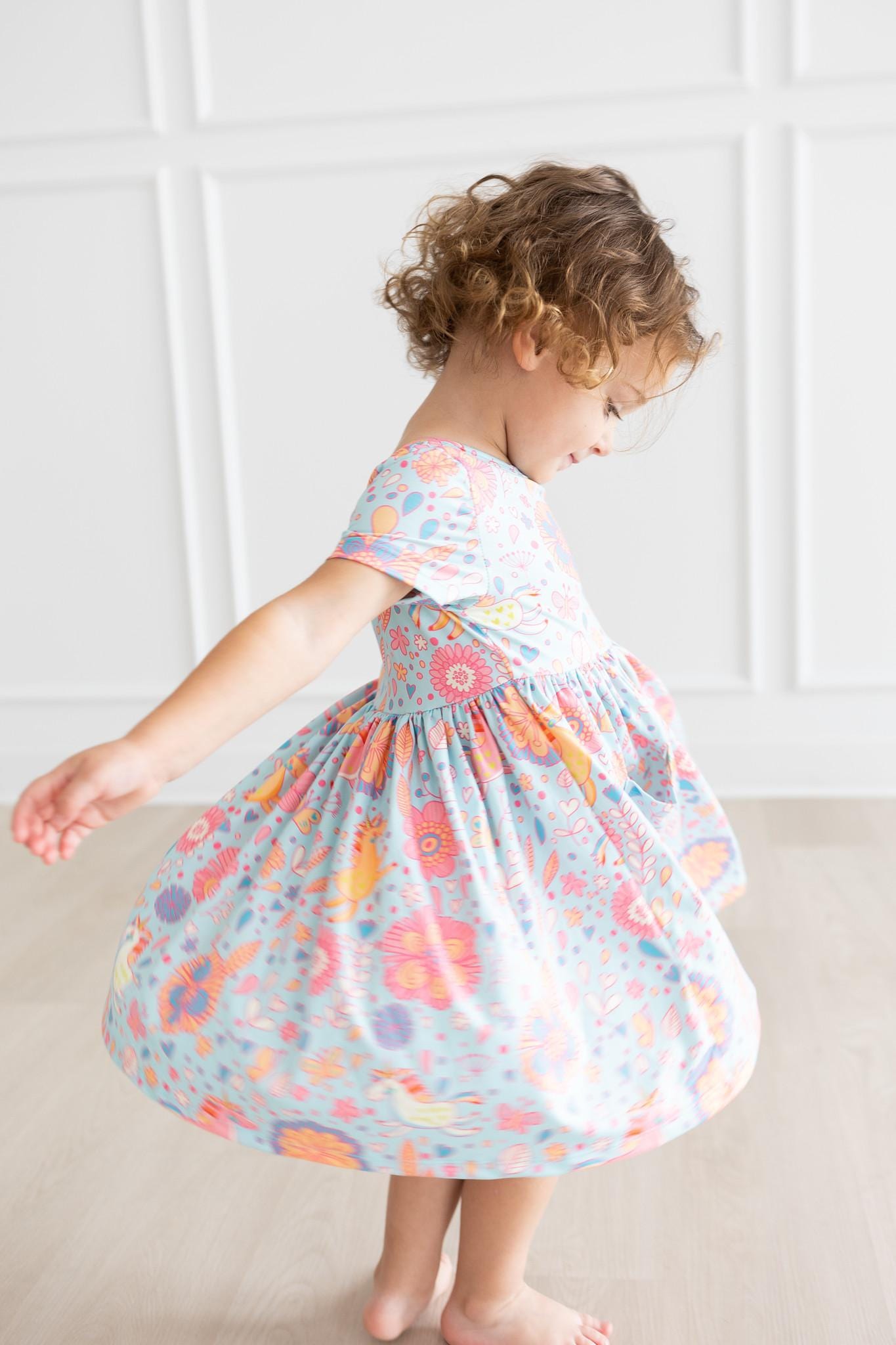 Blue Retro Unicorns S/S Pocket Twirl Dress - Mila & Rose ®