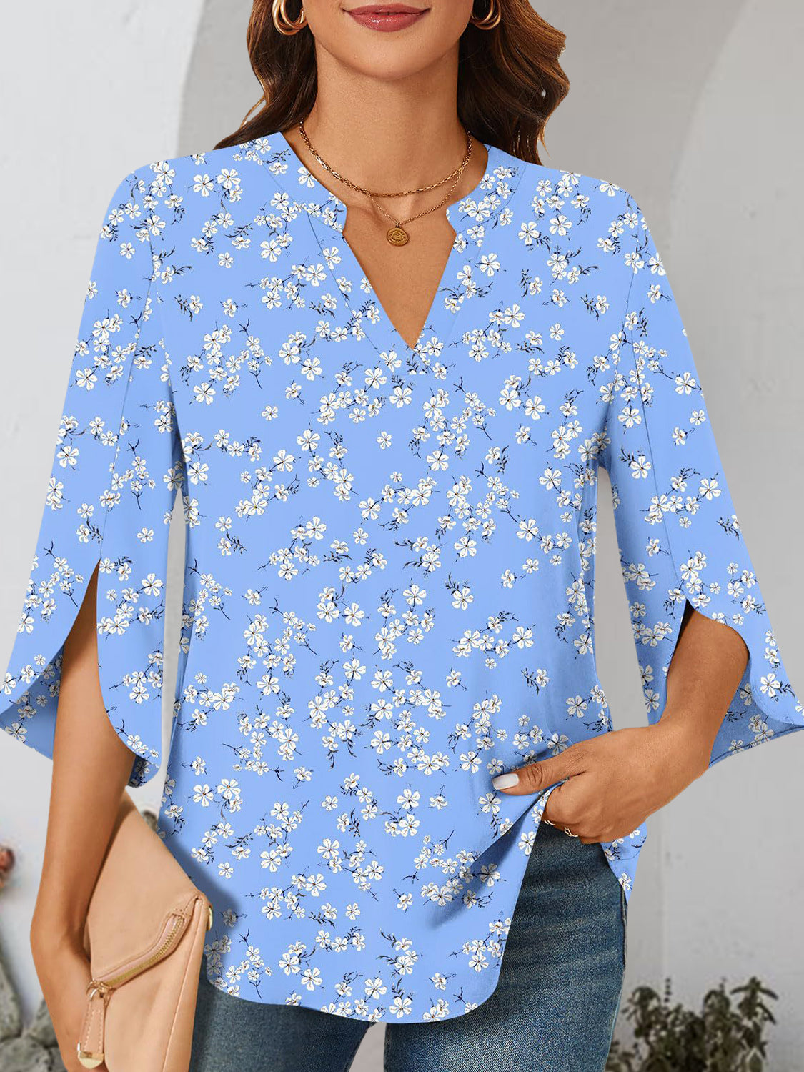 Notched Slit Half Sleeve Blouse Trendsi