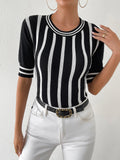 Striped Round Neck Half Sleeve Knit Top - Flyclothing LLC