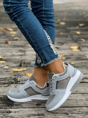 Lace-Up Rhinestone Wedge Sneakers - Trendsi