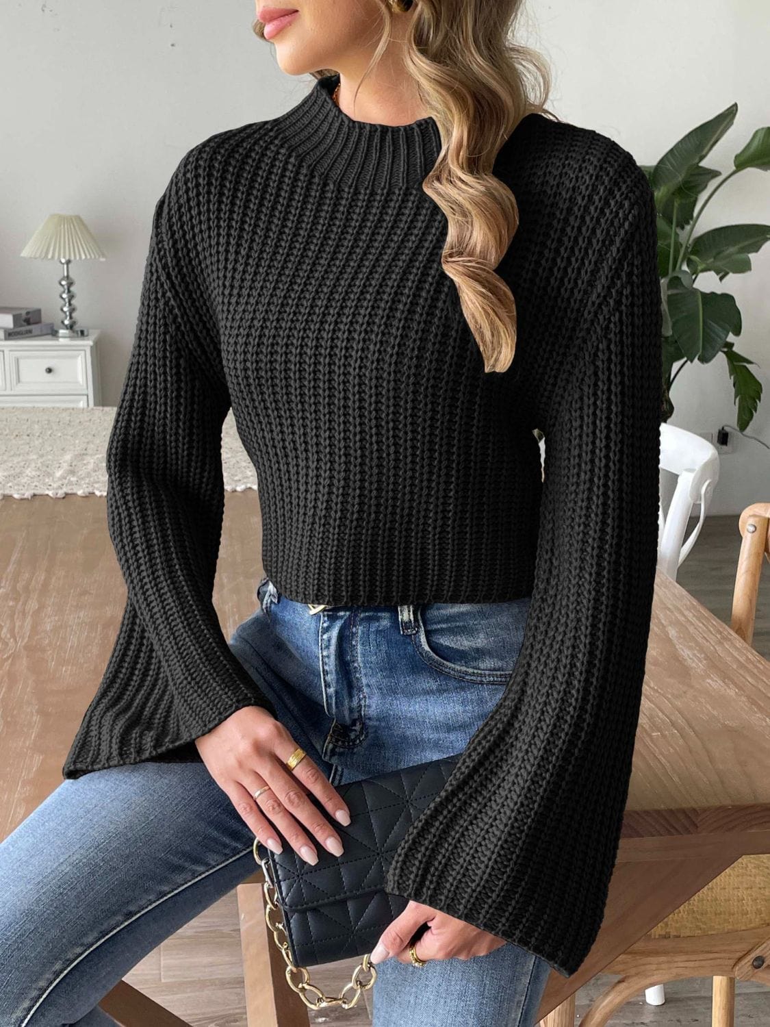 Mock Neck Long Sleeve Sweater - Trendsi