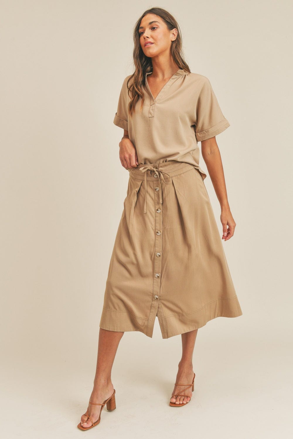 MABLE Short Sleeve Top and Button Down Midi Skirt Set - Trendsi