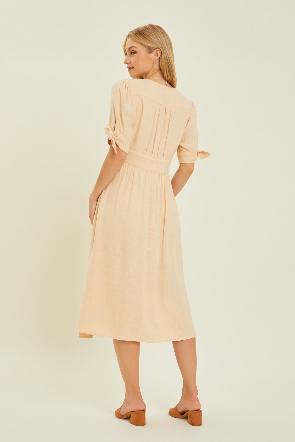 HEYSON Full Size Textured Linen V-Neck Button-Down Midi Dress - Flyclothing LLC