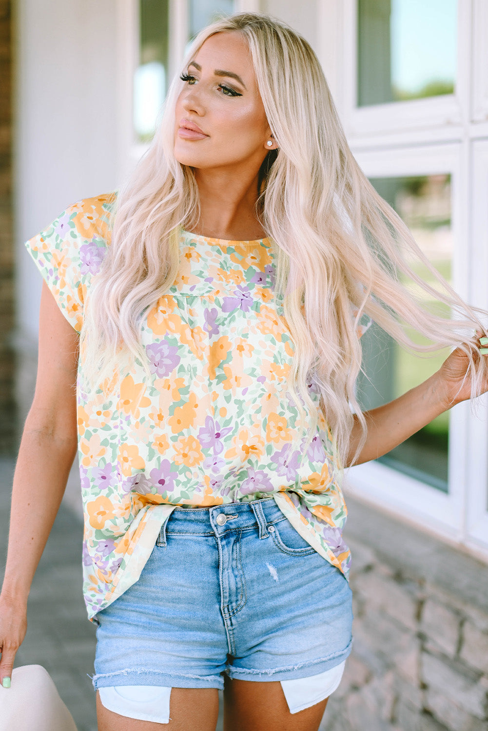 Printed Round Neck Cap Sleeve Blouse - Flyclothing LLC