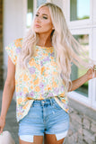 Printed Round Neck Cap Sleeve Blouse - Flyclothing LLC