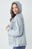 RISEN Full Size Distressed Drawstring Hooded Denim Jacket - Trendsi