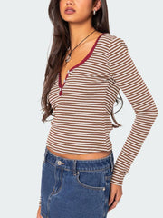 Buttoned Striped Long Sleeve T-Shirt - Trendsi