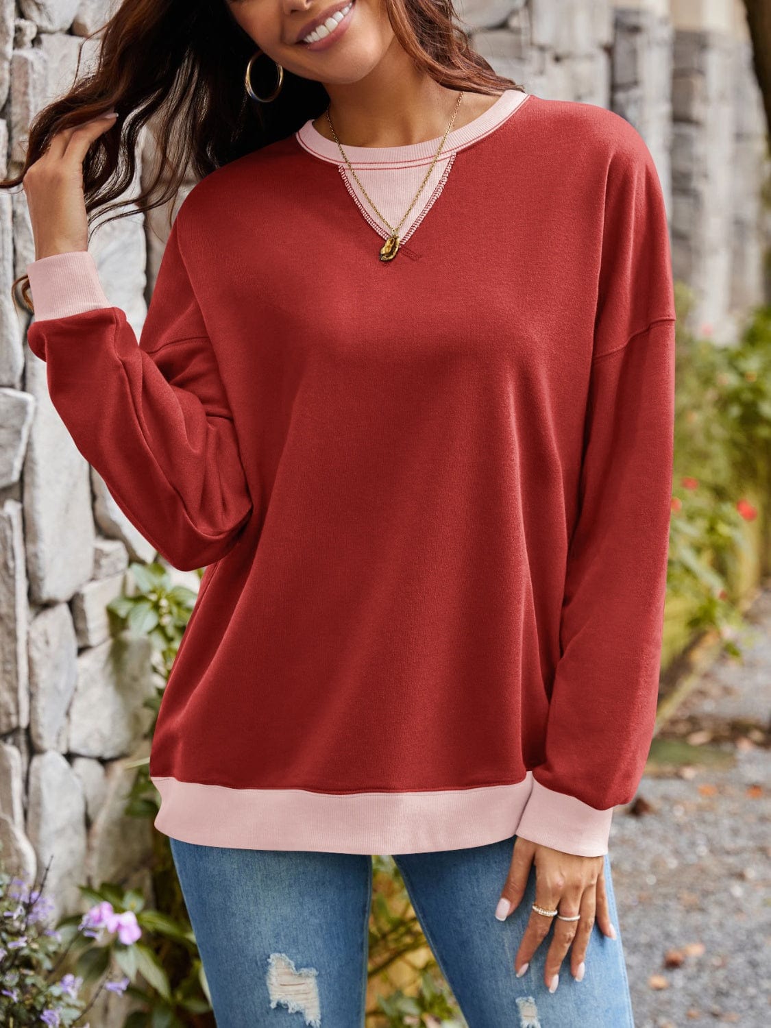 Contrast Round Neck Long Sleeve Sweatshirt - Trendsi