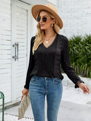 Lace V-Neck Flounce Sleeve Blouse - Flyclothing LLC