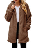 Fuzzy Pocketed Zip Up Long Sleeve Hooded Jacket