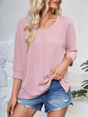 Textured Round Neck Three-Quarter Sleeve Blouse Trendsi