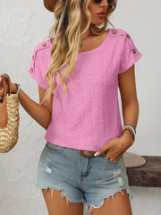 Mandy Eyelet Round Neck Short Sleeve Top - Trendsi