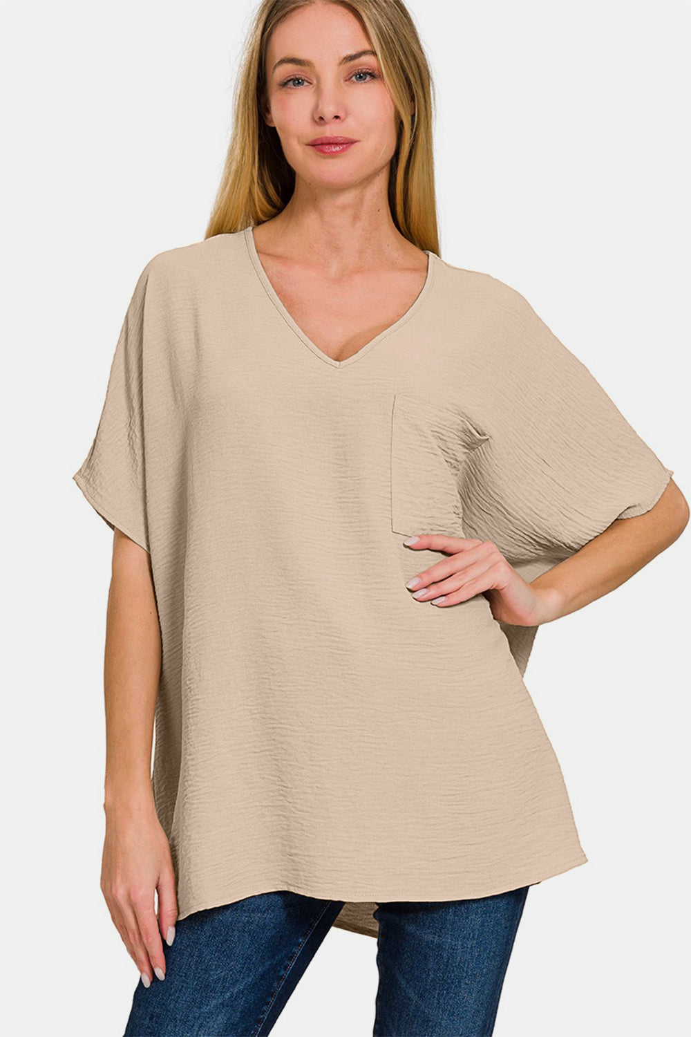 Zenana Full Size Texture V-Neck Short Sleeve Top - Flyclothing LLC