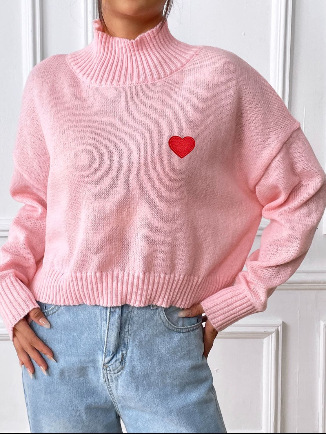 Heart Turtleneck Long Sleeve Sweater - Trendsi