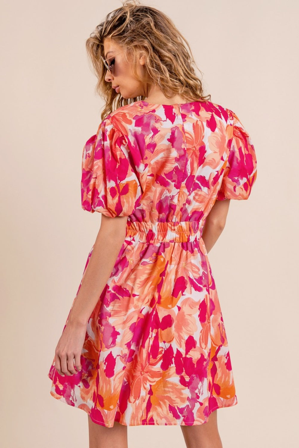 BiBi Floral V-Neck Puff Sleeve Mini Dress - Flyclothing LLC