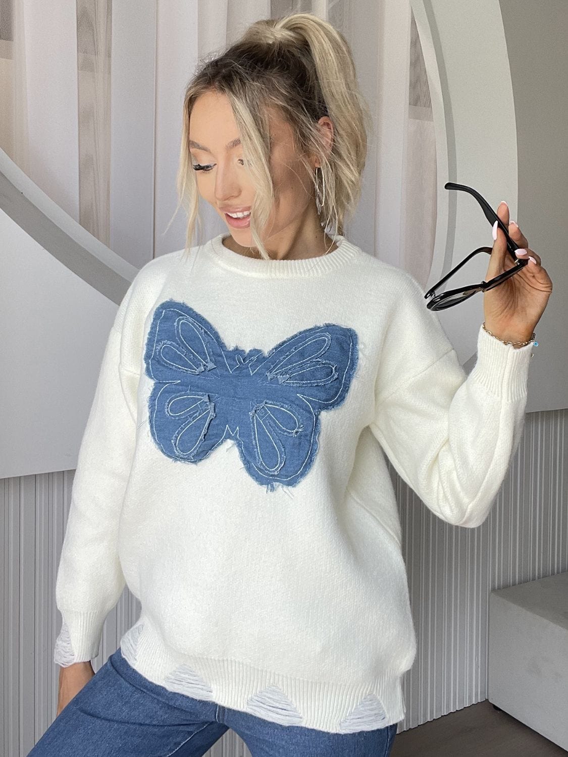 Butterfly Round Neck Long Sleeve Sweater - Trendsi