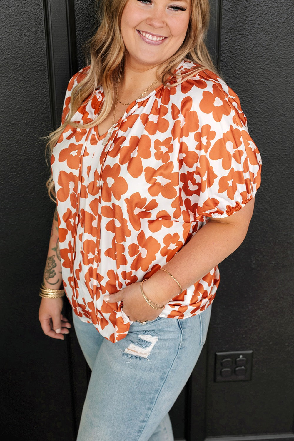 Plus Size Printed Tie Neck Short Sleeve Blouse - Flyclothing LLC