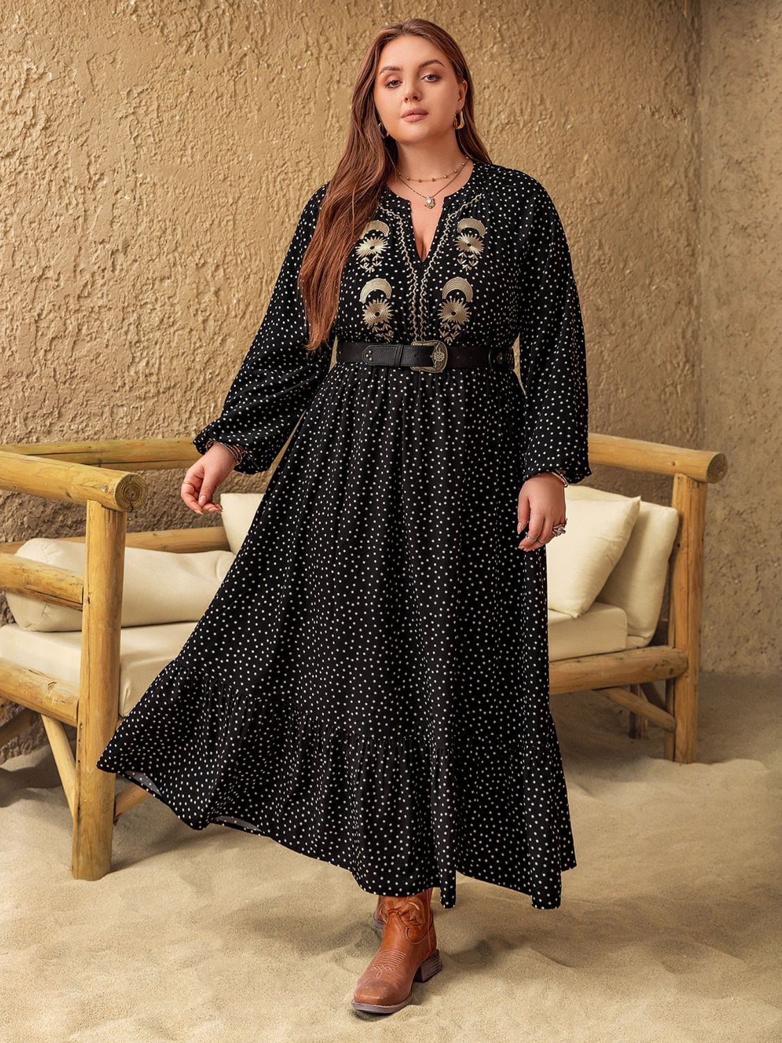 Plus Size Embroidered Polka Dot Notched Long Sleeve Dress - Trendsi