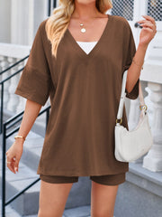 V-Neck Half Sleeve Top and Shorts Set Trendsi