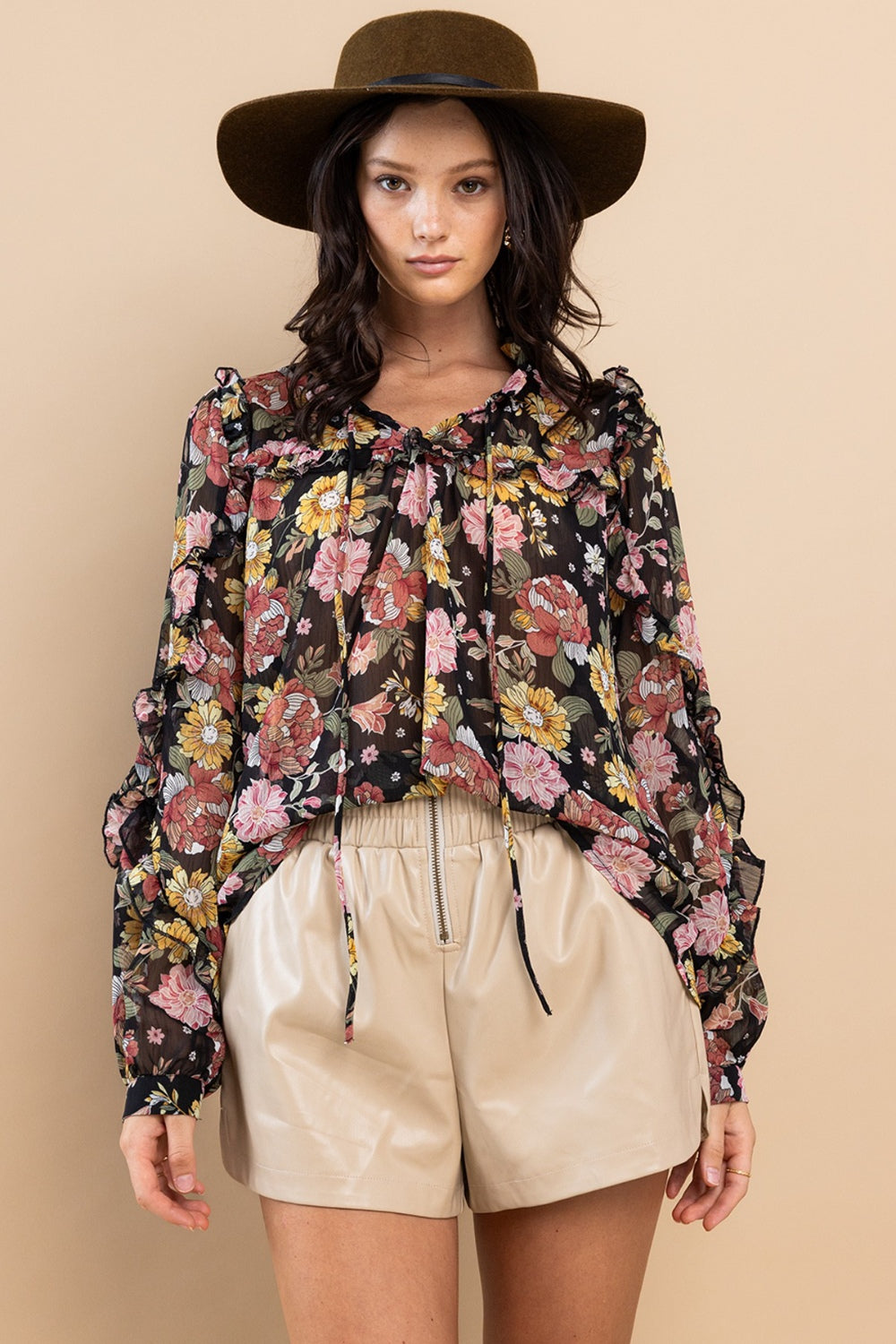 Ces Femme Ruffle Trim Long Sleeve Floral Blouse - Flyclothing LLC