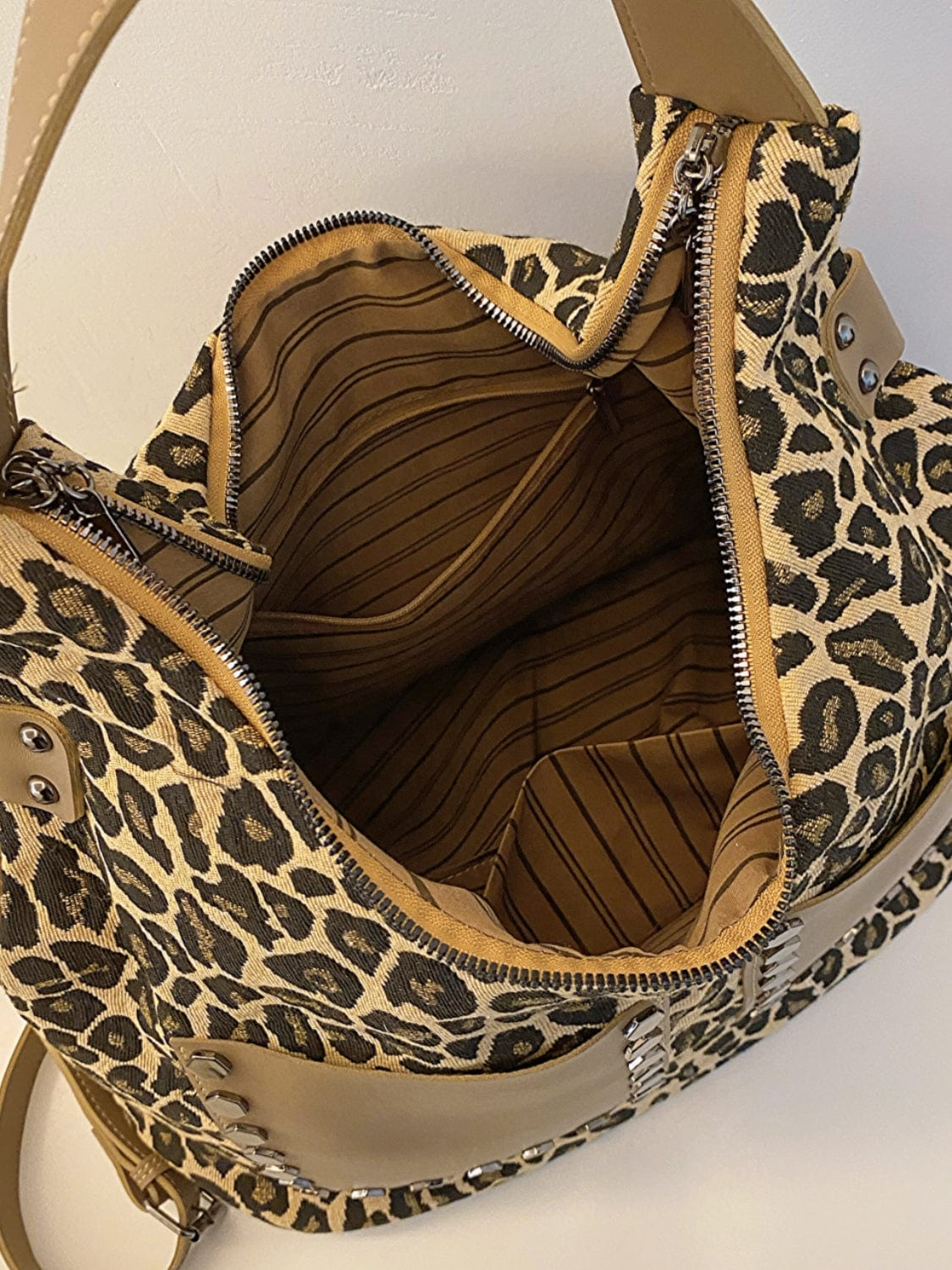 Leopard Polyester Shoulder Bag with Zippers - Trendsi