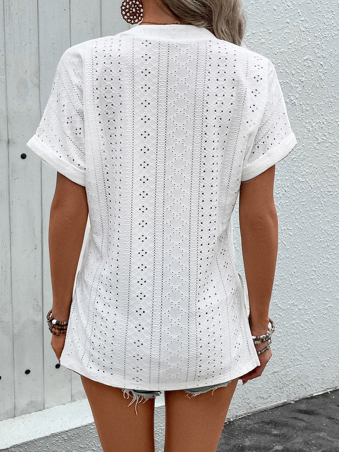 Eyelet Notched Short Sleeve Blouse - Trendsi