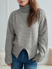 Front Slit Decorative Button Turtleneck Sweater