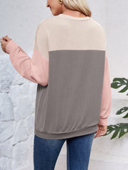 Color Block Round Neck Long Sleeve Sweatshirt - Trendsi