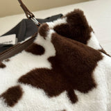 Cow Print Furry Tote Bag - Trendsi