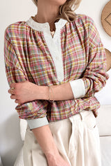 Mulit-Color Plaid Round Neck Long Sleeve Blouse - Trendsi